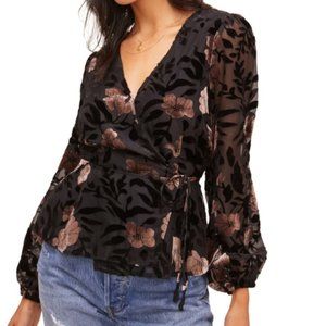 ASTR Black/Mauve Floral Velvet Wrap Top - XS